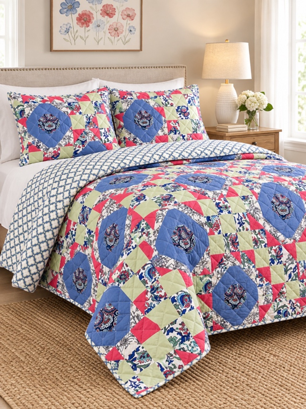 Vera Bradley Full Queen Quilt Set 3PC Reversible Floral Patchwork Blue Green NWT